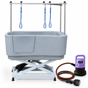 Szara wanna groomerska Brofa H-112 z elektrycznym podnośnikiem, metalowym wysięgnikiem i pompą kąpielową